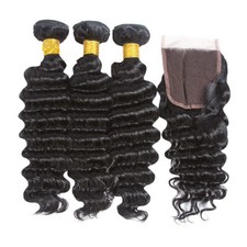 Deep Wave 3 Bundles with 4x4 Closure deal 100 Human Hair off black 1B