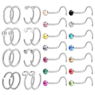 LOCCY 21-30PCS 20G Nose Rings Nose Studs, Stainless Steel Nose Rings L-Shaped Nose Stud Screws with Cubic Zirconia Nose Piercing Jewellery for Men