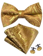 Mens Paisley Pre-Tied Bow Tie Handkerchief Jacquard Woven Adjustable Set