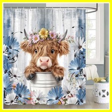 Rustic Farmhouse Blue Shower Curtain, Funny Cute Highland Cow Shower Curtain ...