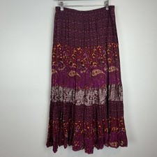 Boho Tiered Maxi Skirt Womens Size Medium Purple Paisley Floral Prairie Cottage
