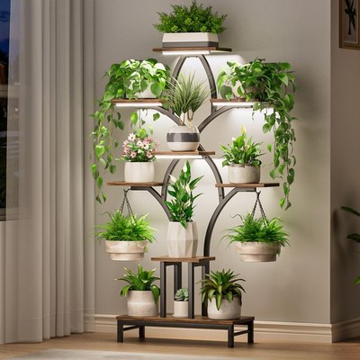 NEHAJUNXI Plant Stand Indoor with 4 Grow Lights - 63'' Tall Shelf- Brown 
