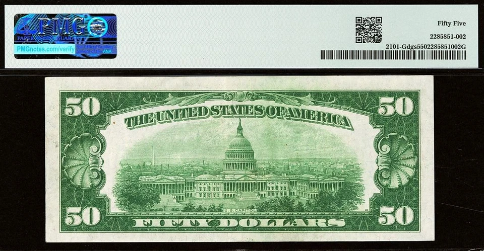 1928A $50 Federal Reserve Note PMG 55 - Redeemable in Gold - Fr 2101-G - Image 3 of 3