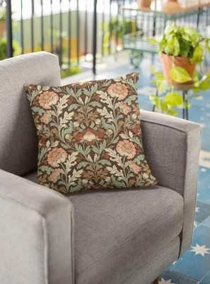 William Morris style pillow, Warm tones- Browns, Sage, Coral -16'' square