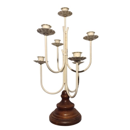 Vintage 7-Arm Metal Wood Candelabra French Country Farmhouse Rustic White 15"
