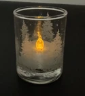 SET OF 2 VINTAGE SNOWY TREES ETCHED VOTIVE / TEA LIGHT HOLDERS ANCHOR HOCKING