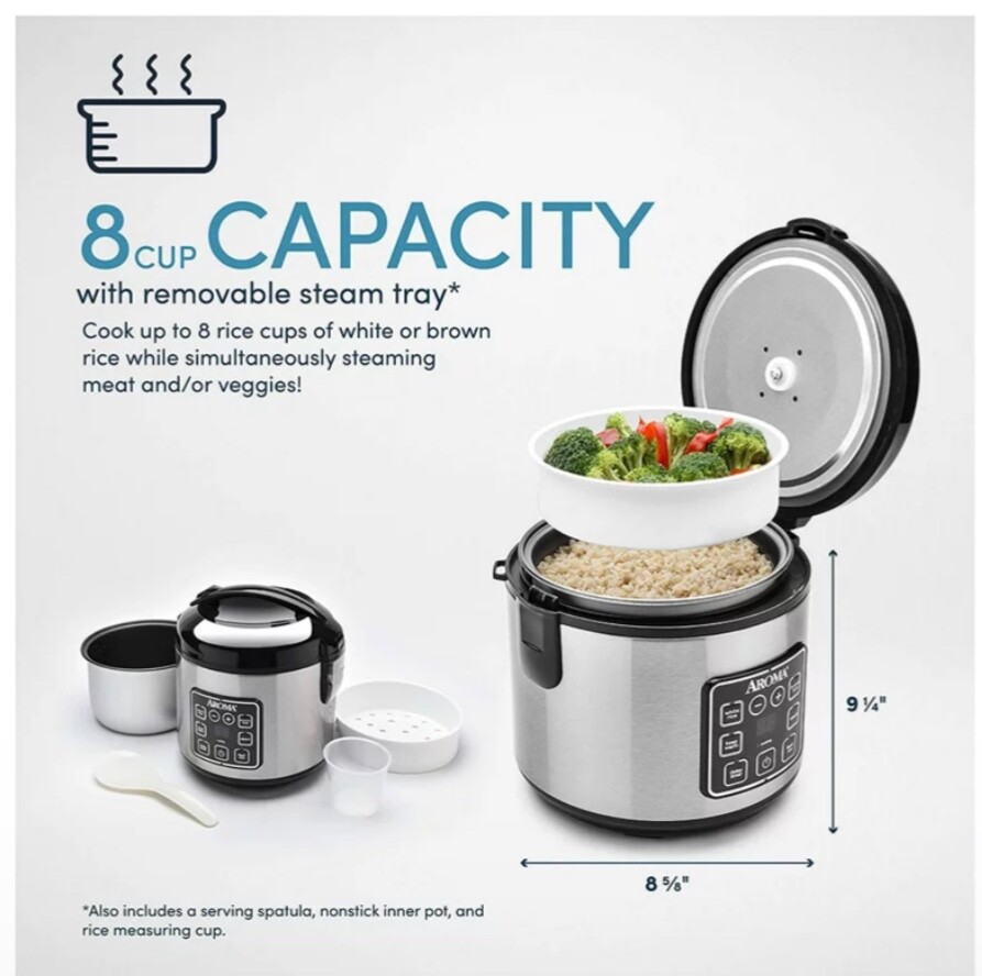 Stainless Aroma 8 Cup Digital Cool-Touch Rice Cooker and Food Steamer