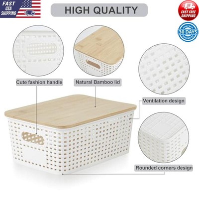 Stackable Plastic Storage Bins W/Bamboo Lids Pantry Decorative Containers 6 Pack