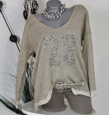 NEU*LINDSAY KNIT WEAR ITALY BOXY CUT PULLI NIETEN STRASS SCHURWOLLE SAND UNI