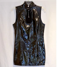 IEFIEL size L Black Faux Leather Mini Dress Plunge Shiny Keyhole Buckle Stretch