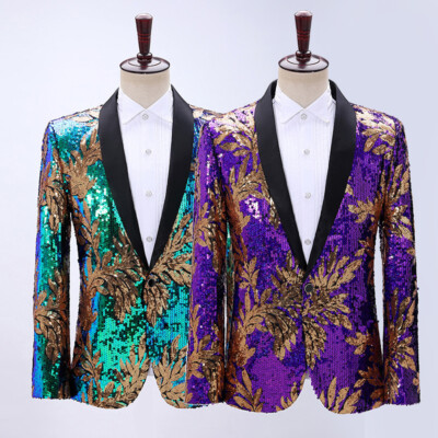 Mens Suit Blazer Leaf Print Glitter Sequin Jacket Dress Party Dance Costume