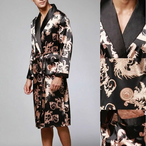 Men Satin Pajamas Robe Dragon Bathrobe Dress Gown Kimono Night Loungewear - Bild 7 von 20