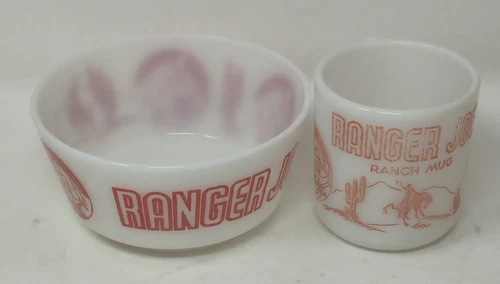 Vintage Ranger Joe Ranch Hazel Atlas 1950 White Milk Glass Cereal Bowl Mug READ