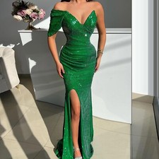 Green Sequin Short Sleeve Mermaid Evening Dress One Shoulder Long Prom Dresses