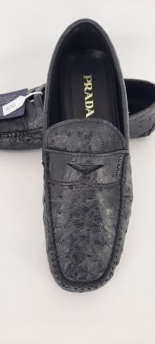 NIB Prada Men's Black Ostrich Driver / Penny Loafers US 9 - 10 - Picture 1 of 14