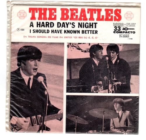 Beatles "Hard Days Night" 1964 Brazil Odeon Stock Copy Single w/ Picture Sleeve