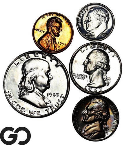 1953 United States Mint Proof Set, 5-Coin Lot, All Nice Gem PR