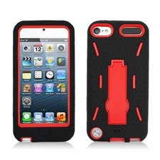 iPod Touch 5 6 Gen - HARD  SOFT RUBBER HYBRID CASE COVER BLACK RED KICK STAND