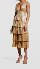 $790 Bronx And Banco Women's Gold Metallic V-Neck Pleated Dress Size AU 14/US 10