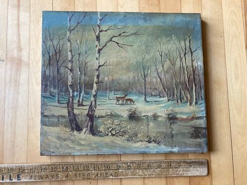 Beauty! Antique 19th C Oil Painting On Canvas Deers In Winter Woods 16”x14” - Picture 2 of 7