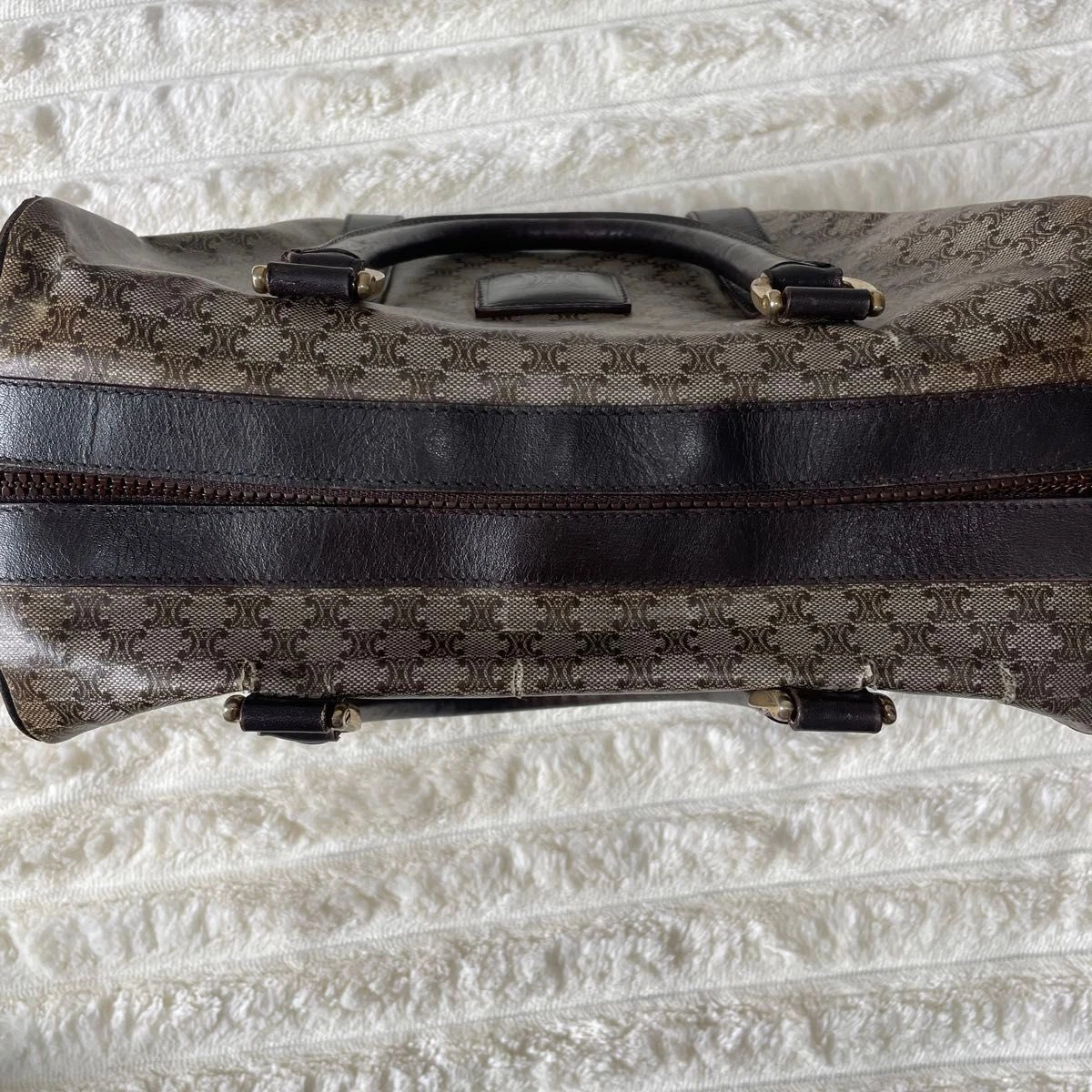 Borsa Celine Boston borsa a mano logo macadam PVC pelle marrone USATA originale #S1982