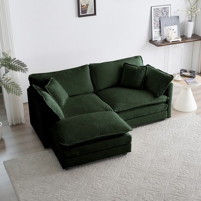 Chenille Two-Seater Sofa with 1 Footrest, 2 Seater L-Shaped Sectional with Ott