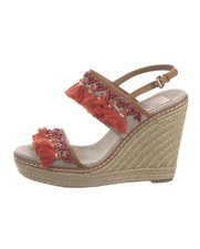 Tory Burch Jute Fringe Trim Espadrille Leather Platform Orange Sandal Size 7M US