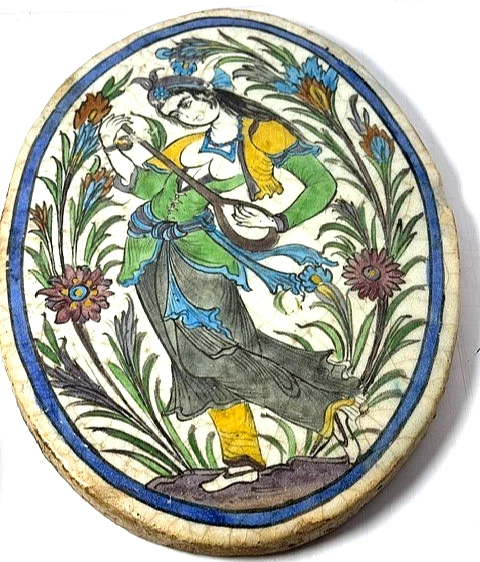 Овальная керамическая плитка в персидском стиле каджар 14,5 дюйма с ручной росписью музыкант - Изображение 3 из 4