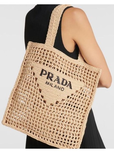 PRADA Beige Raffia Crochet Logo Embroidery Resort Top Handle Tote Bag