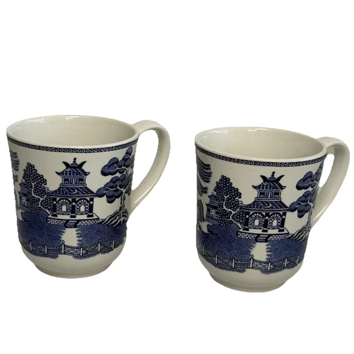 Vintage Johnson Bros Blue Willow Coffee Tea Mug Cups made in England Set of 2