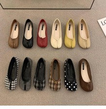Women's Leather Bowtie Tabi Split Toe Mid Heel Fashion Ballet Court Shoes 2025