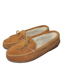 MINNETONKA Women's size 9 Tan Suede Lace-Up Faux Fur Lined Slippers House Shoes