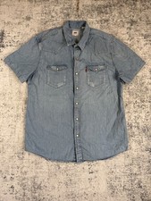 Levis Denim Shirt Mens Large Blue Sawtooth Cowboy Western Pearl Snap