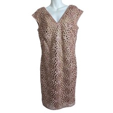Tadashi Shoji Pink Metallic Lace Dress 12 V-Neck Shift Cocktail Formal