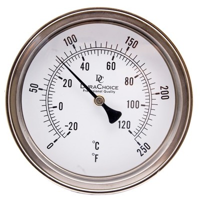 Industrial Bimetal Thermometer 5'' Face x 2-1/2'' Stem, 0-250 w/Calibration Dial