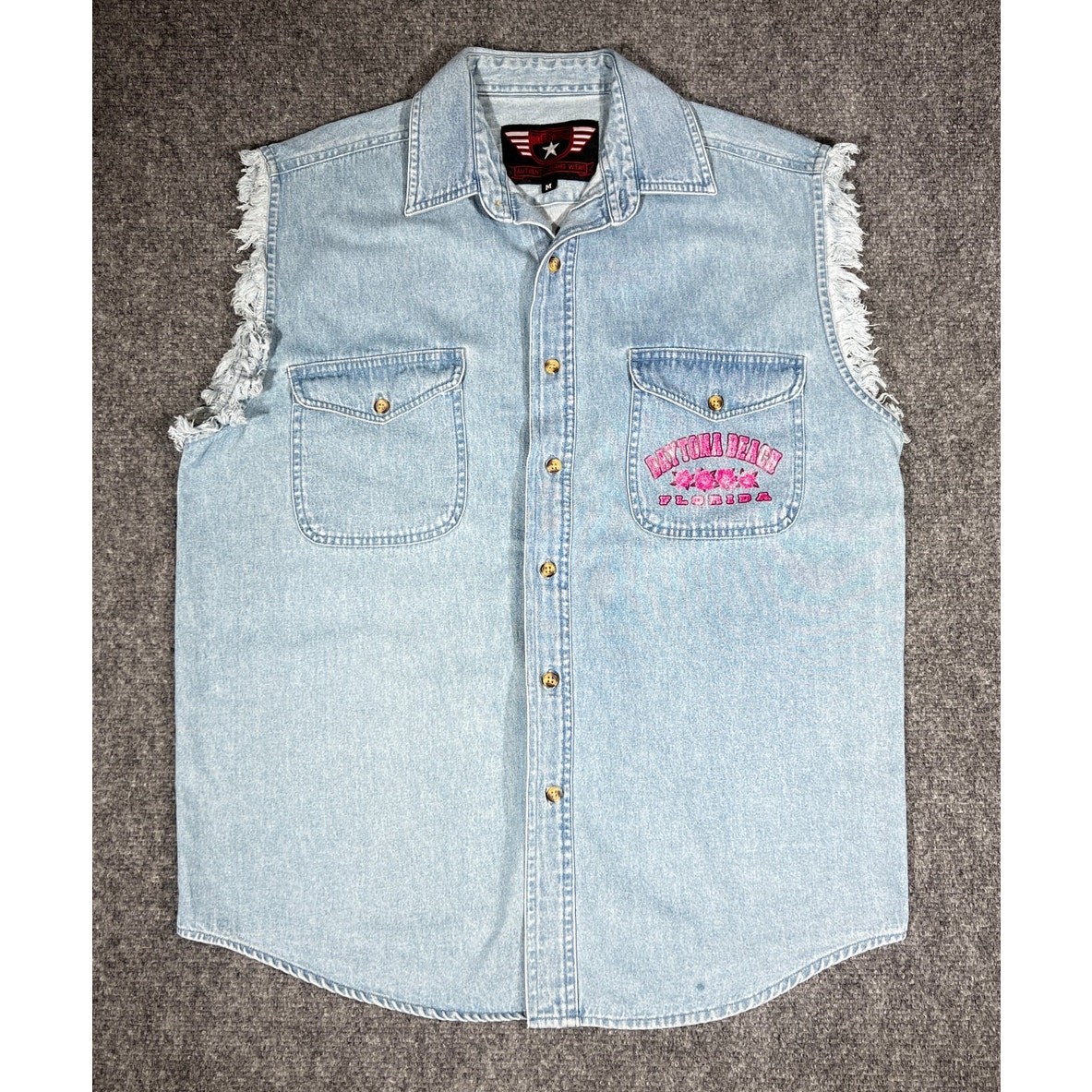 Y2K Daytona Beach Biker Denim Vest Cut Off Medium