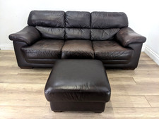 SOFA 3 Seater Chocolate Brown Leather Ottoman Footstool Wood Feet FREE DELIVERY