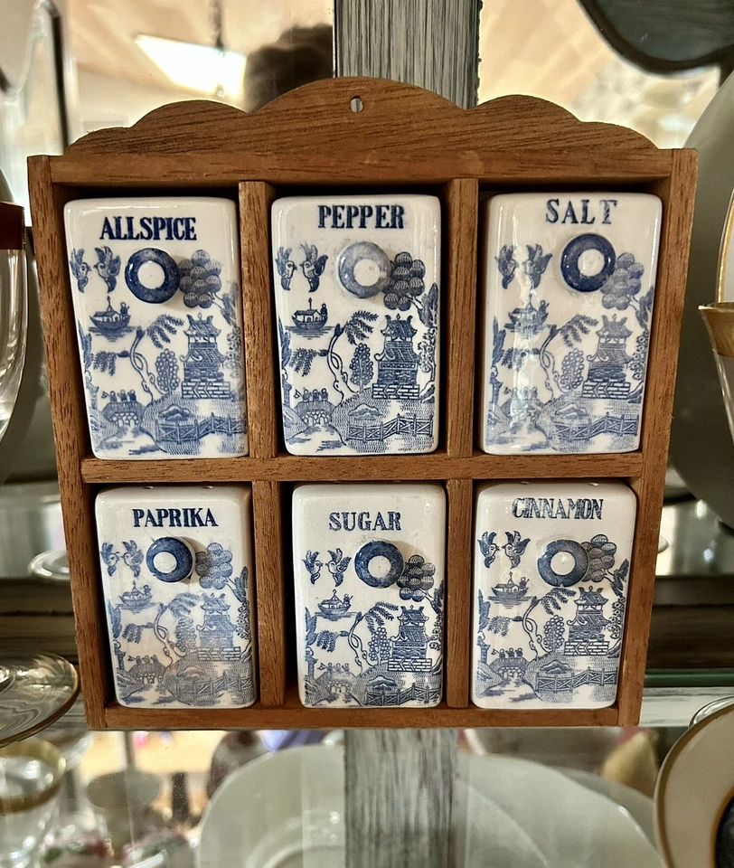 Japón Madera 6 Cajones Especias Armario Molino de Viento Azul Cobalto De Colección Completo Foto 4 de 4