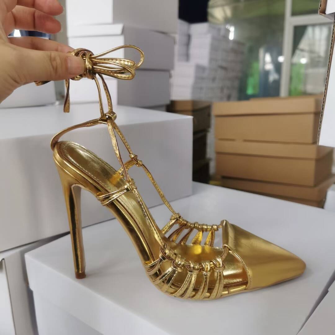 Pointed Toe Gold Tie Up Shoes Women Sandals Pointed Toe High Heels