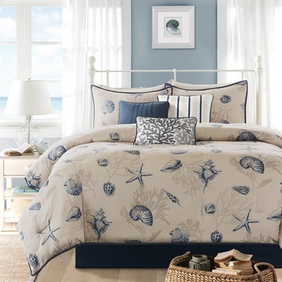 Ivory Blue Ocean Themed King Comforter Set Beach Pattern Bedding Sea Shells 6604977091395 Ebay