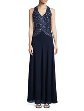 J Kara Sleeveless Beaded Halter Gown Navy/Royal/Mercury Size 14 269