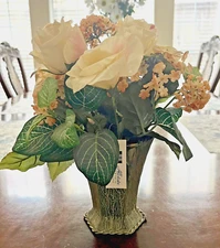 6 Silk Ivory Roses Faux Floral Rustic Metal Vase Home Accessory Gift Table Top