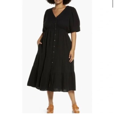 madewell lightspun midi dress Madewell Women's Lightspun Button Front Tiered Midi Dress in True Black  Size 14W