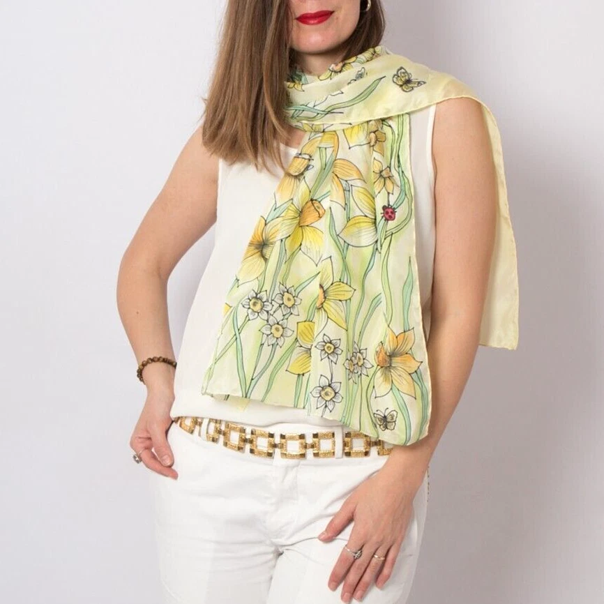 Hand Painted Yellow Pure Silk Scarf Floral Butterfly Scarf Gift For Her 62X22