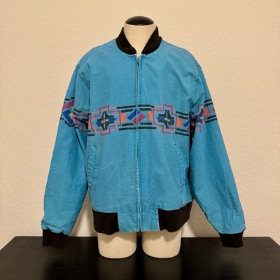 Vintage Wrangler Brush Popper Turquoise Aztec Print Bomber Jacket