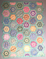 GRANDMOTHERS FLOWER GARDEN VNTG QUILT TOP HAN...
