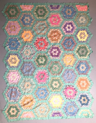 GRANDMOTHER'S FLOWER GARDEN VNTG QUILT TOP HAND SEWN PROJECT PIECE 84'' X 62''