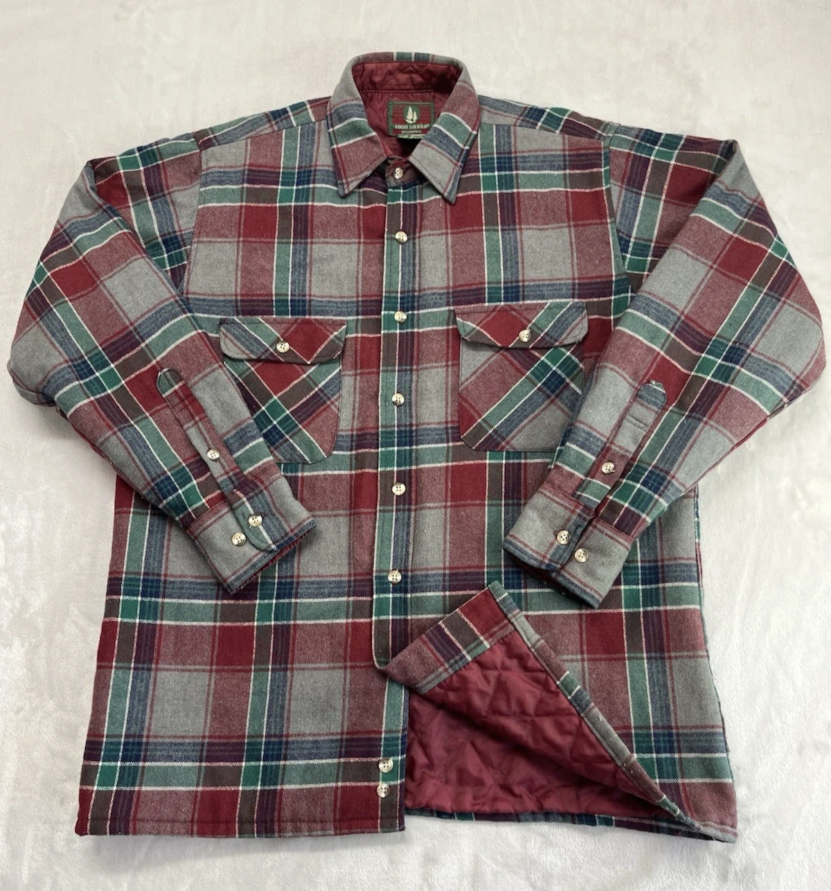 VTG High Sierra Flannel Shirt Men Medium Burgundy Plaid Lined Wool Blend Shacket