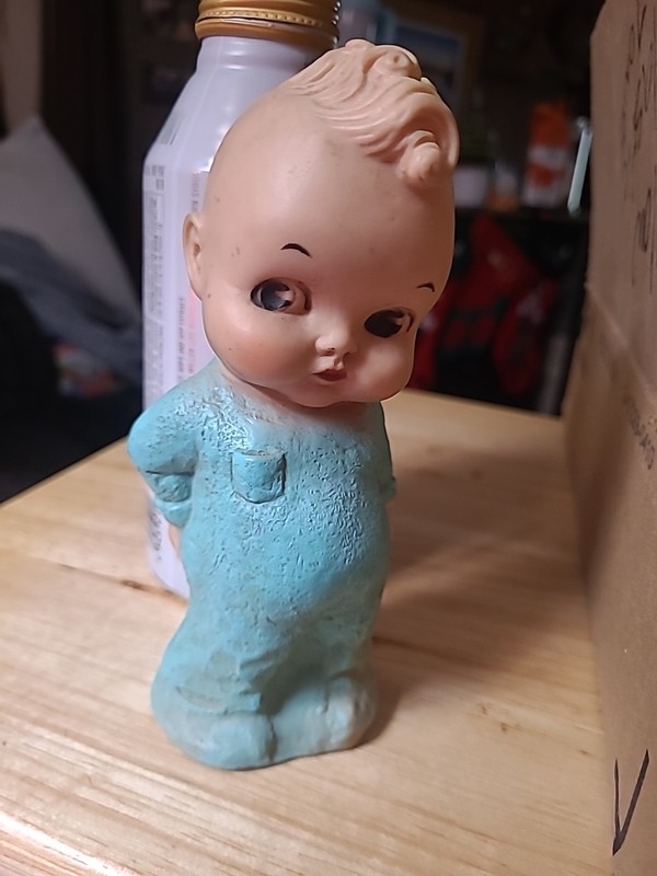 Vintage Squeak Toy Boy in Blue Pajamas Scratching Bum  - Rubber, Squeaker Works