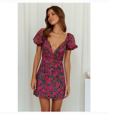Hello Molly Mini Dress Womens Size 4 Floral Puff Sleeve Open Back Nwt